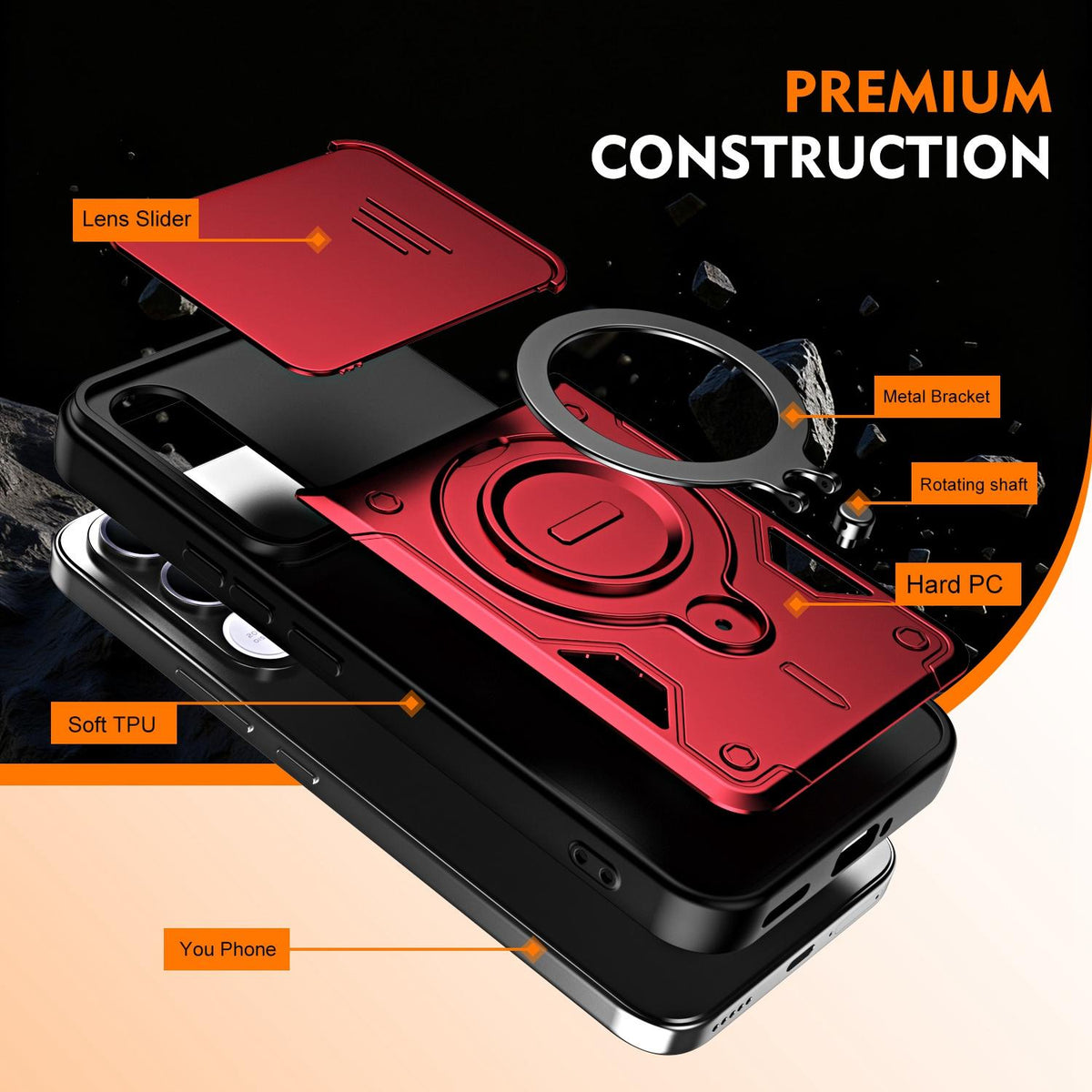 For vivo V70 FE 5G Ring Holder Lens Slide Cover Phone Case - Orange - EDA009742902A