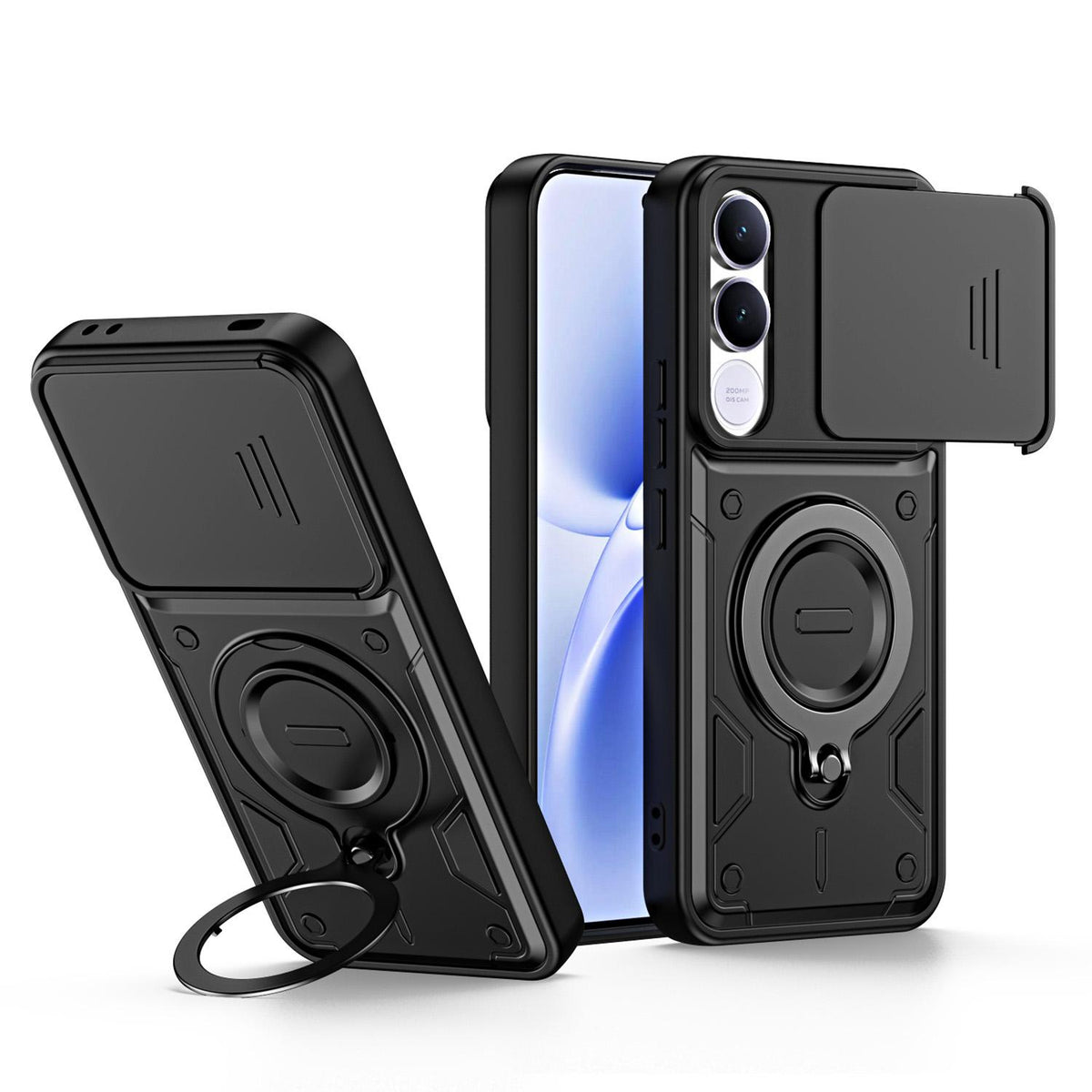 For vivo V70 FE 5G Ring Holder Lens Slide Cover Phone Case - Black - EDA009742902C