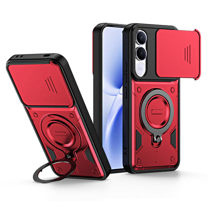 For vivo V70 FE 5G Ring Holder Lens Slide Cover Phone Case - Red - EDA009742902D