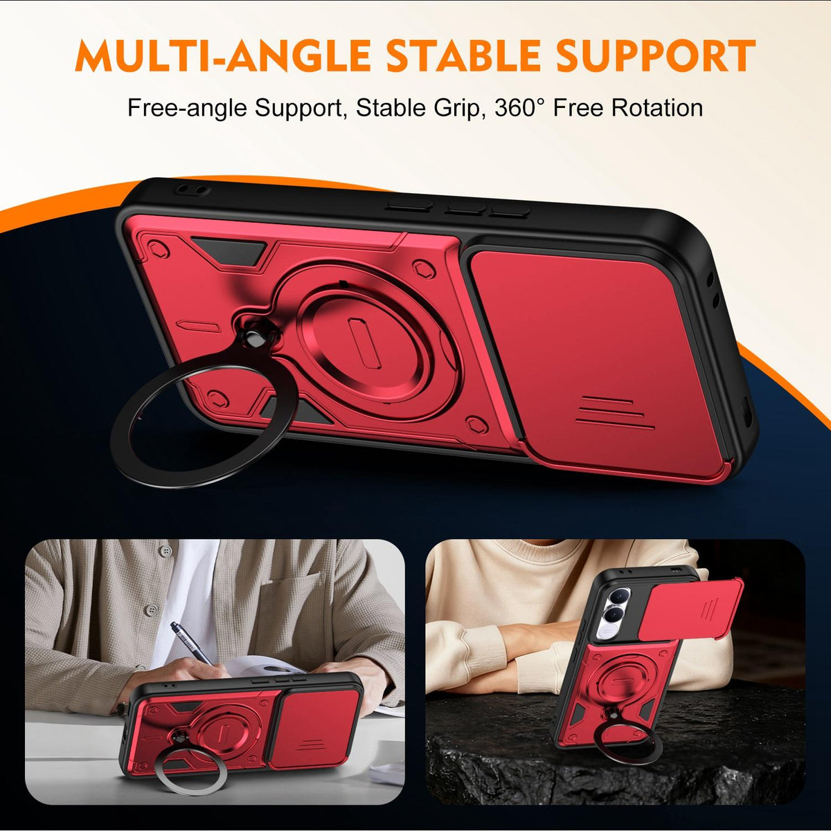 For vivo V70 FE 5G Ring Holder Lens Slide Cover Phone Case - Red - EDA009742902D