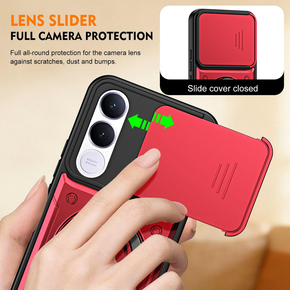 For vivo V70 FE 5G Ring Holder Lens Slide Cover Phone Case - Red - EDA009742902D
