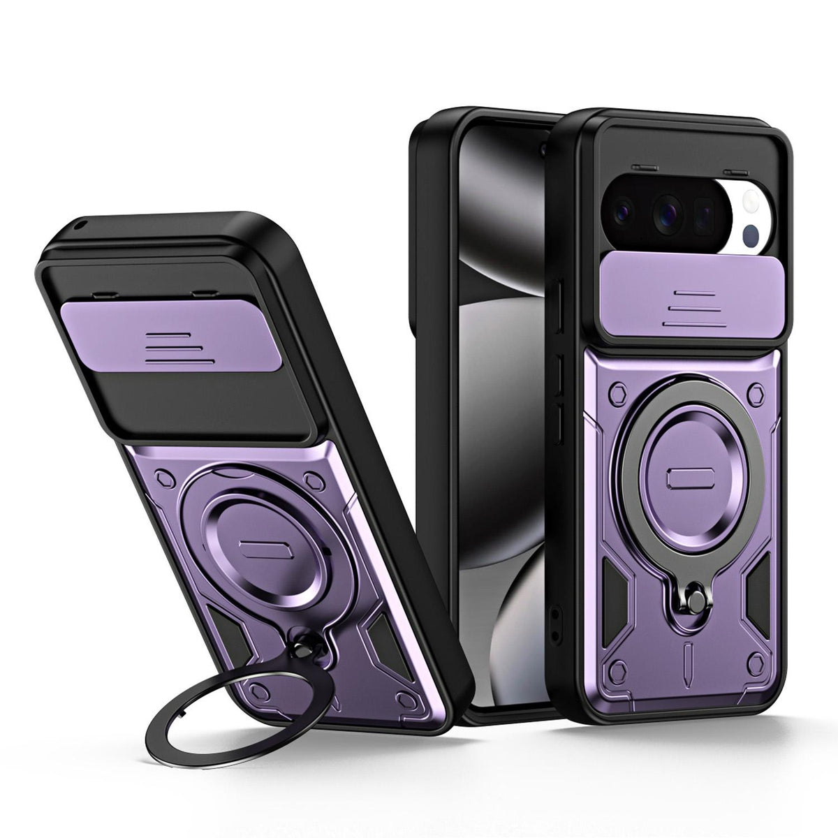 For Google Pixel 10 / 10 Pro Ring Holder Lens Slide Cover Phone Case - Purple - EDA009743001E