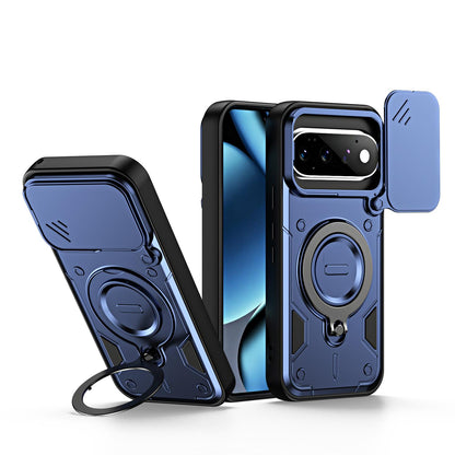 For Google Pixel 11 / 11 Pro Ring Holder Lens Slide Cover Phone Case - Blue - EDA009743003B