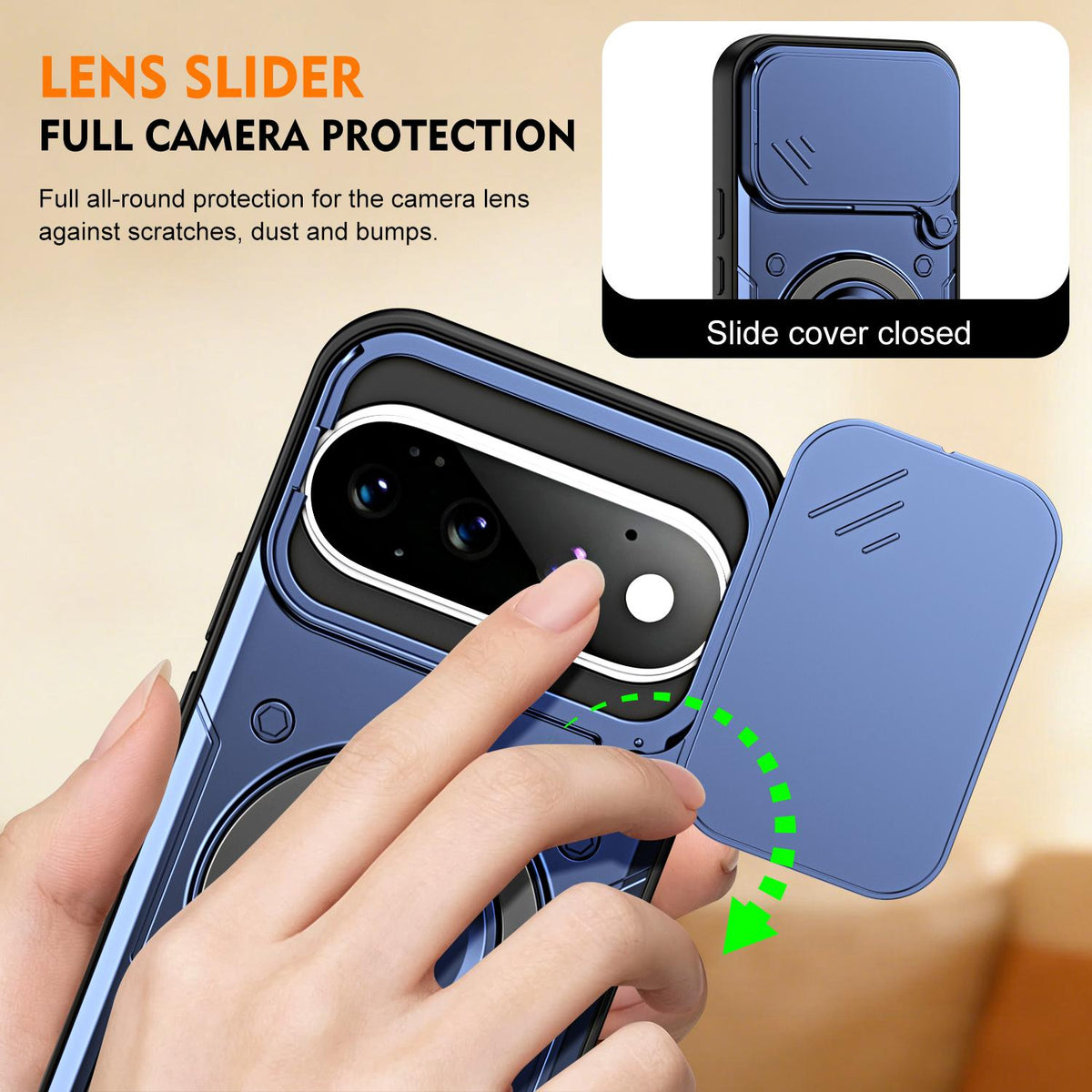 For Google Pixel 11 / 11 Pro Ring Holder Lens Slide Cover Phone Case - Blue - EDA009743003B