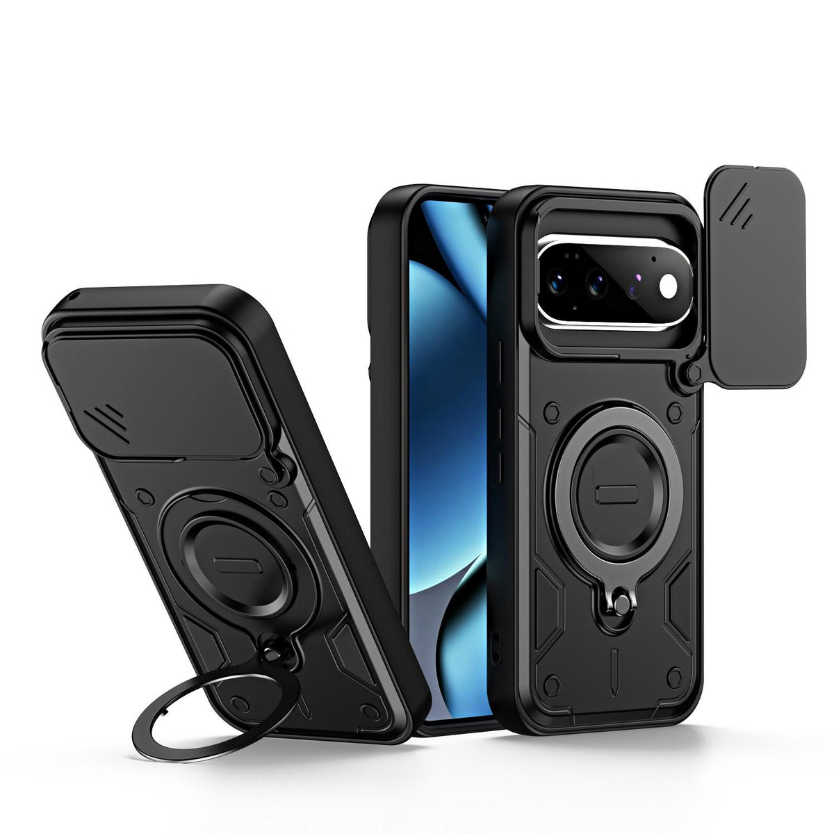 For Google Pixel 11 / 11 Pro Ring Holder Lens Slide Cover Phone Case - Black - EDA009743003C