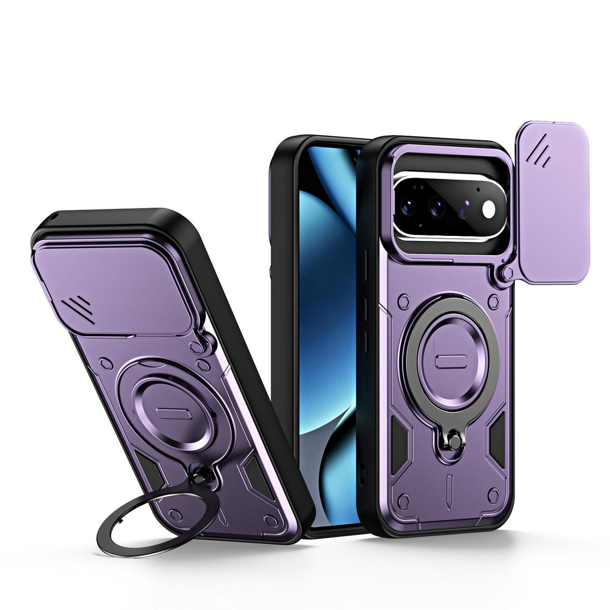 For Google Pixel 11 / 11 Pro Ring Holder Lens Slide Cover Phone Case - Purple - EDA009743003E