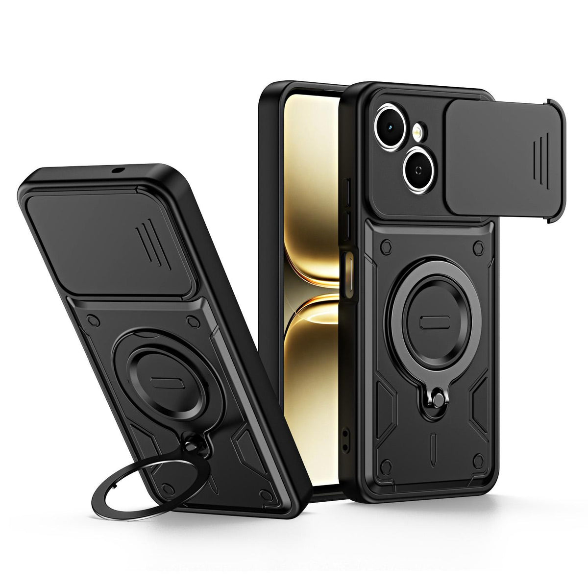 For Tecno Spark 40C Ring Holder Lens Slide Cover Phone Case - Black - EDA009743307C