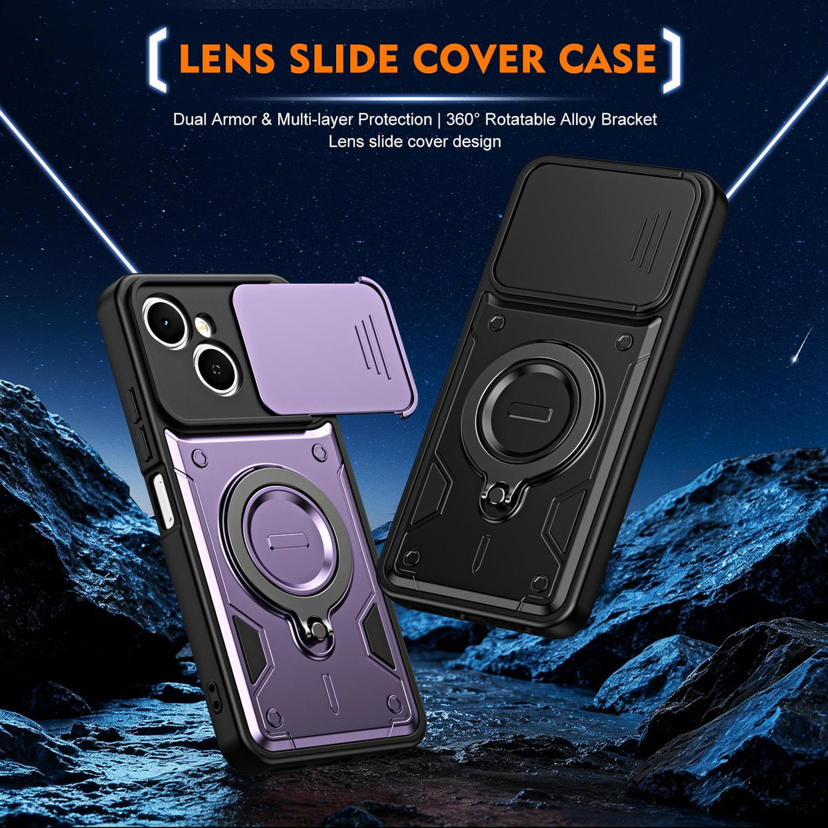 For Tecno Spark 40C Ring Holder Lens Slide Cover Phone Case - Black - EDA009743307C