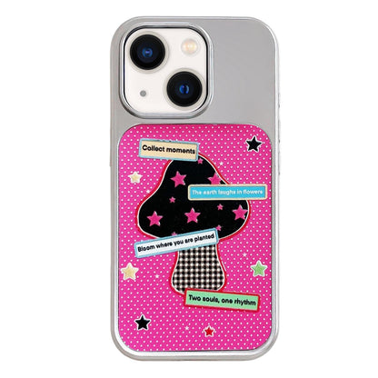 For iPhone 13 / 14 Electroplated Silver Frame Glitter Embossed Phone Case - Black Mushroom - EDA009745001B