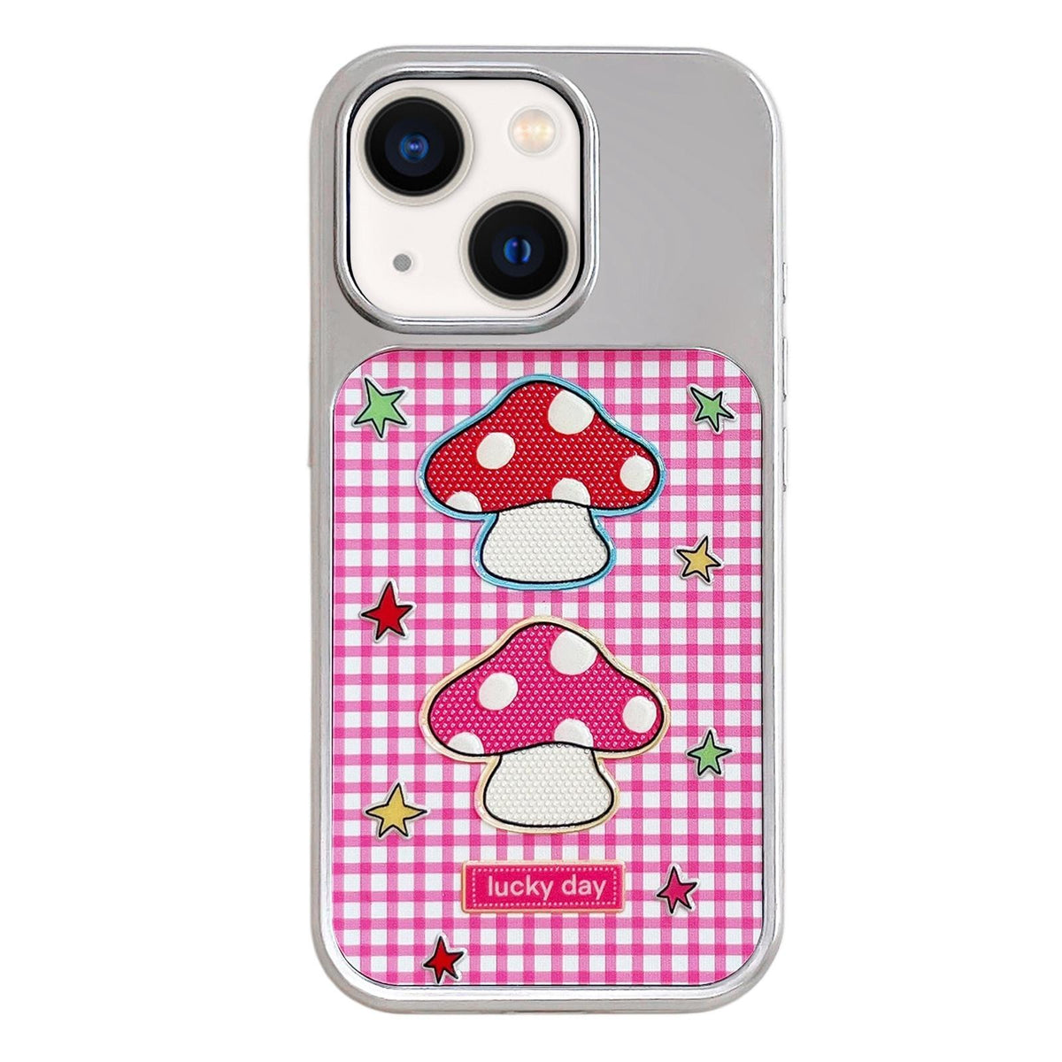For iPhone 13 / 14 Electroplated Silver Frame Glitter Embossed Phone Case - Red Mushroom - EDA009745001C