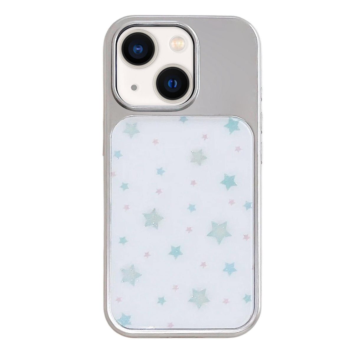 For iPhone 13 / 14 Electroplated Silver Frame Glitter Embossed Phone Case - Mint Green Star - EDA009745001D