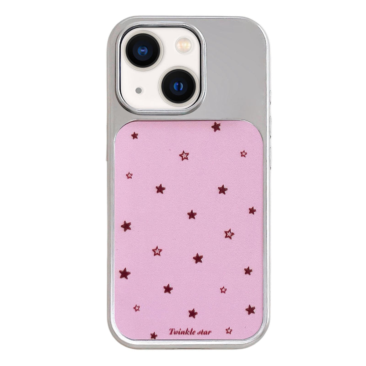 For iPhone 13 / 14 Electroplated Silver Frame Glitter Embossed Phone Case - Pink Background Stars - EDA009745001J