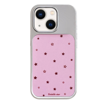 For iPhone 13 / 14 Electroplated Silver Frame Glitter Embossed Phone Case - Pink Background Stars - EDA009745001J
