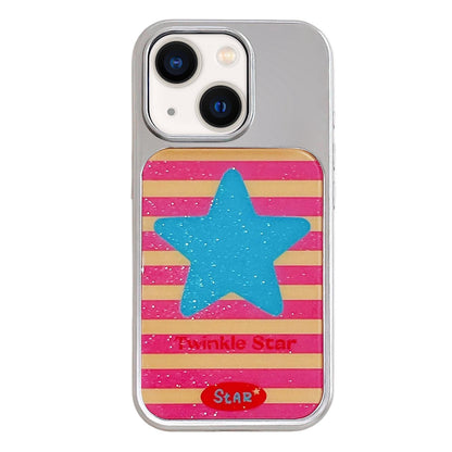 For iPhone 13 / 14 Electroplated Silver Frame Glitter Embossed Phone Case - Blue Stars - EDA009745001L