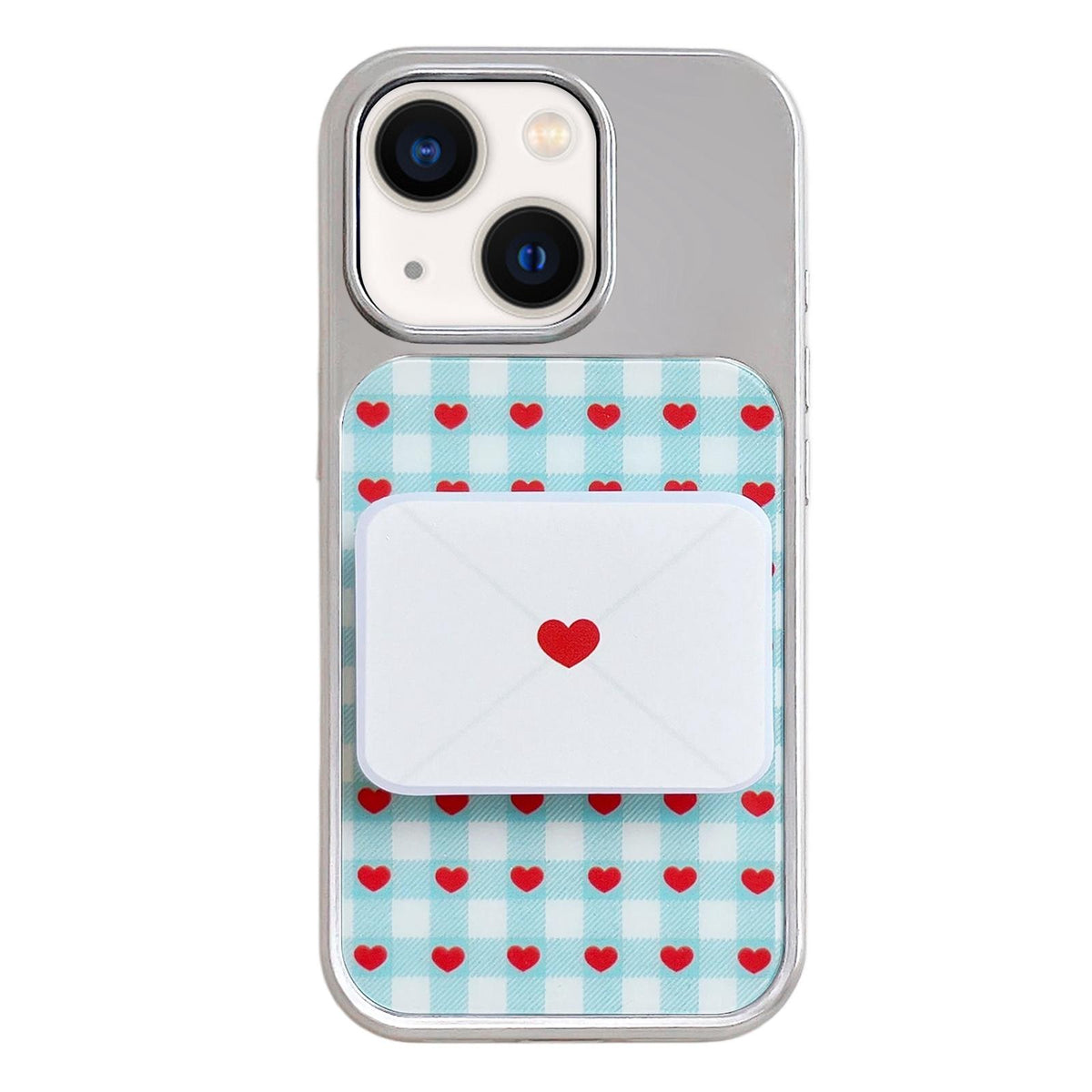 For iPhone 13 / 14 Electroplated Silver Frame Glitter Embossed Phone Case - Plaid Heart - EDA009745001M