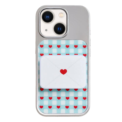 For iPhone 13 / 14 Electroplated Silver Frame Glitter Embossed Phone Case - Plaid Heart - EDA009745001M