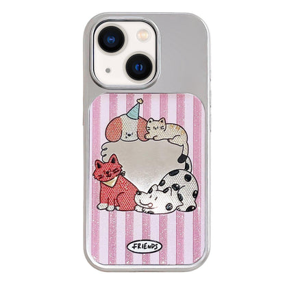 For iPhone 13 / 14 Electroplated Silver Frame Glitter Embossed Phone Case - Small Animal - EDA009745001P