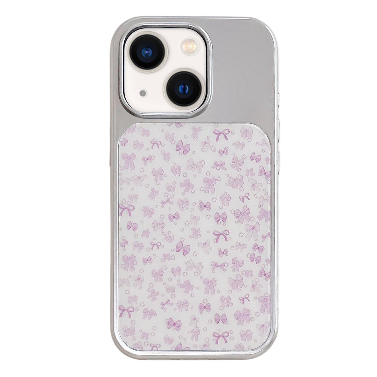 For iPhone 13 / 14 Electroplated Silver Frame Glitter Embossed Phone Case - Purple Bow - EDA009745001R