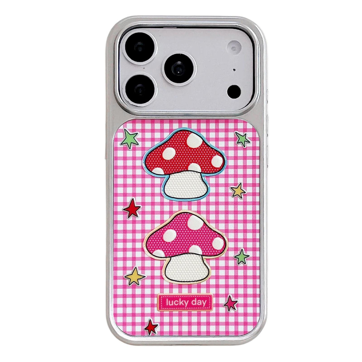 For iPhone 17 Pro Electroplated Silver Frame Glitter Embossed Phone Case - Red Mushroom - EDA009745002C