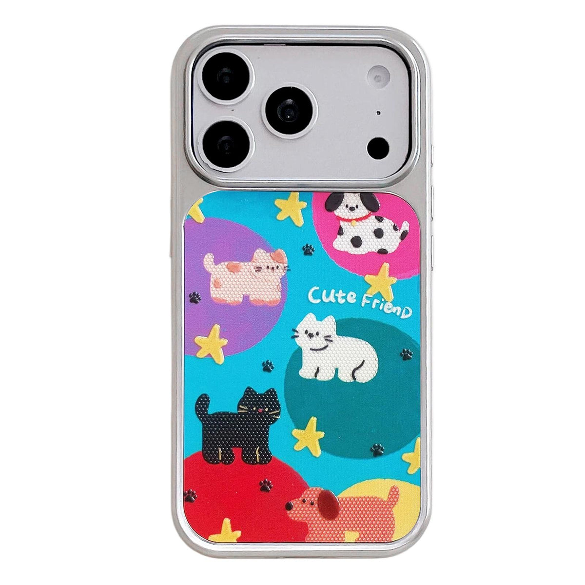 For iPhone 17 Pro Electroplated Silver Frame Glitter Embossed Phone Case - Colorful Animals - EDA009745002H
