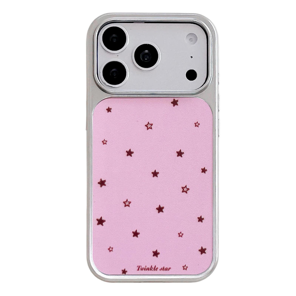 For iPhone 17 Pro Electroplated Silver Frame Glitter Embossed Phone Case - Pink Background Stars - EDA009745002J