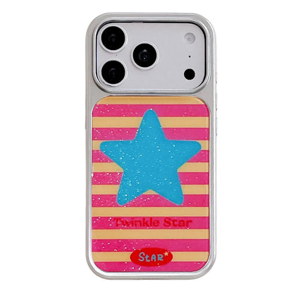For iPhone 17 Pro Electroplated Silver Frame Glitter Embossed Phone Case - Blue Stars - EDA009745002L