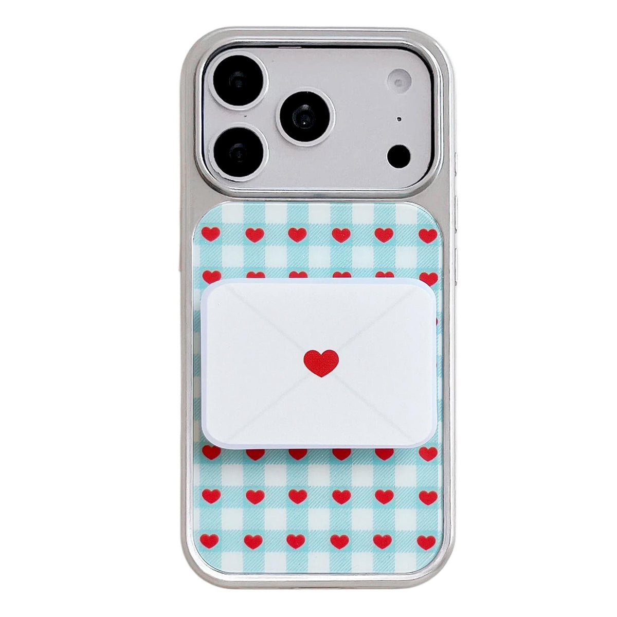 For iPhone 17 Pro Electroplated Silver Frame Glitter Embossed Phone Case - Plaid Heart - EDA009745002M