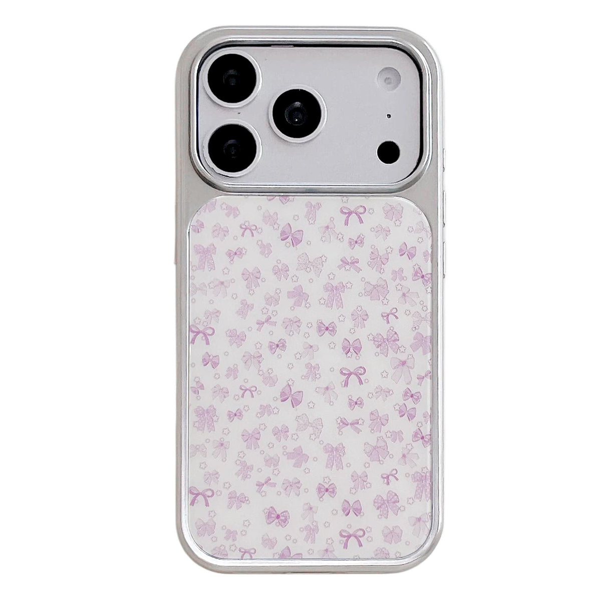 For iPhone 17 Pro Electroplated Silver Frame Glitter Embossed Phone Case - Purple Bow - EDA009745002R