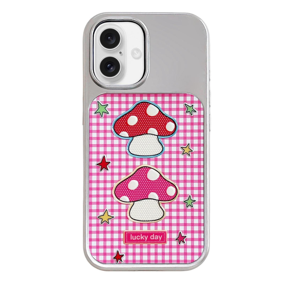 For iPhone 17 Electroplated Silver Frame Glitter Embossed Phone Case - Red Mushroom - EDA009745003C