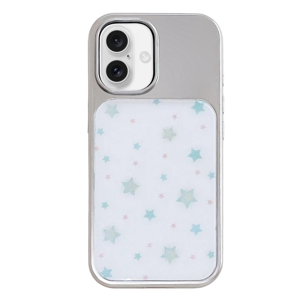 For iPhone 17 Electroplated Silver Frame Glitter Embossed Phone Case - Mint Green Star - EDA009745003D