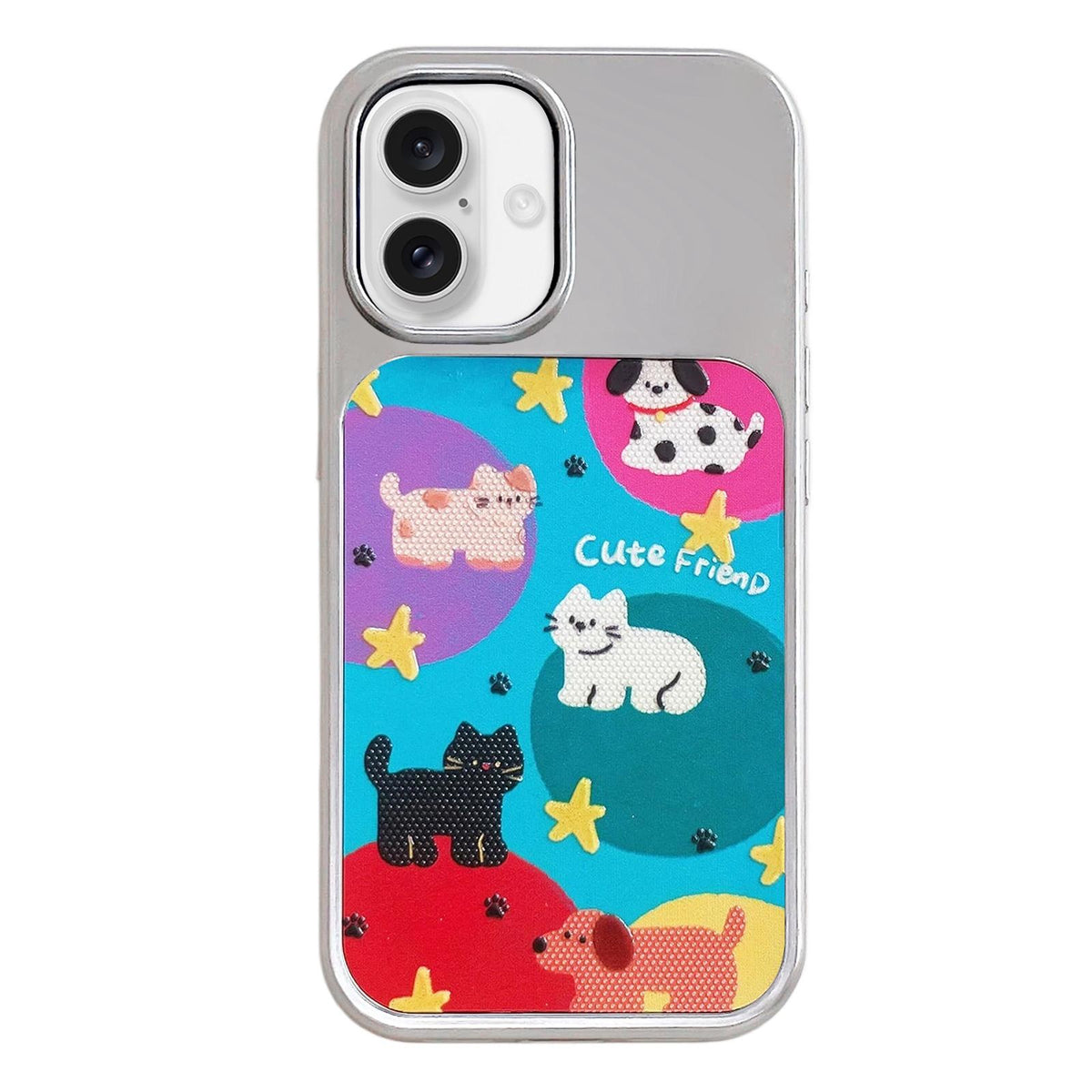 For iPhone 17 Electroplated Silver Frame Glitter Embossed Phone Case - Colorful Animals - EDA009745003H