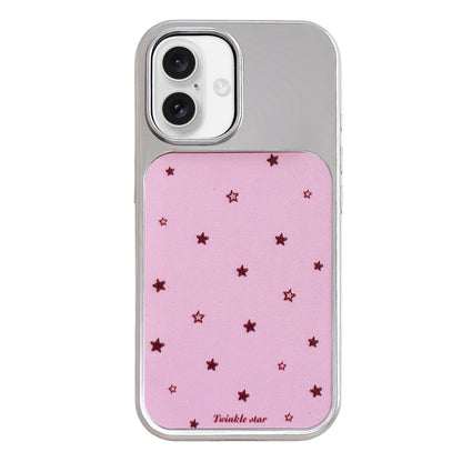 For iPhone 17 Electroplated Silver Frame Glitter Embossed Phone Case - Pink Background Stars - EDA009745003J