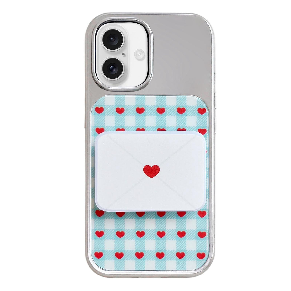 For iPhone 17 Electroplated Silver Frame Glitter Embossed Phone Case - Plaid Heart - EDA009745003M