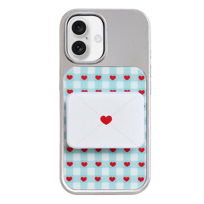 For iPhone 17 Electroplated Silver Frame Glitter Embossed Phone Case - Plaid Heart - EDA009745003M