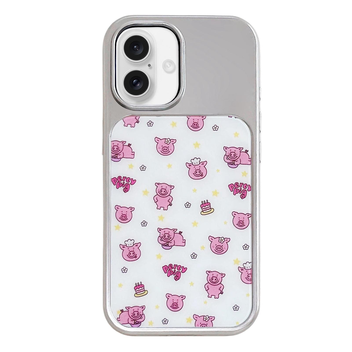 For iPhone 17 Electroplated Silver Frame Glitter Embossed Phone Case - Cute Pig - EDA009745003O