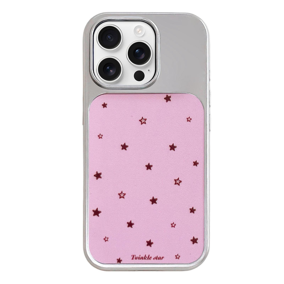 For iPhone 16 Pro Max Electroplated Silver Frame Glitter Embossed Phone Case - Pink Background Stars - EDA009745004J