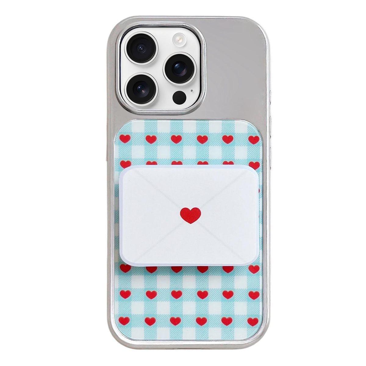 For iPhone 16 Pro Max Electroplated Silver Frame Glitter Embossed Phone Case - Plaid Heart - EDA009745004M