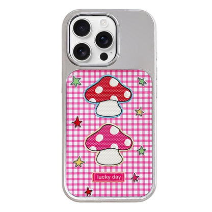For iPhone 16 Pro Electroplated Silver Frame Glitter Embossed Phone Case - Red Mushroom - EDA009745005C