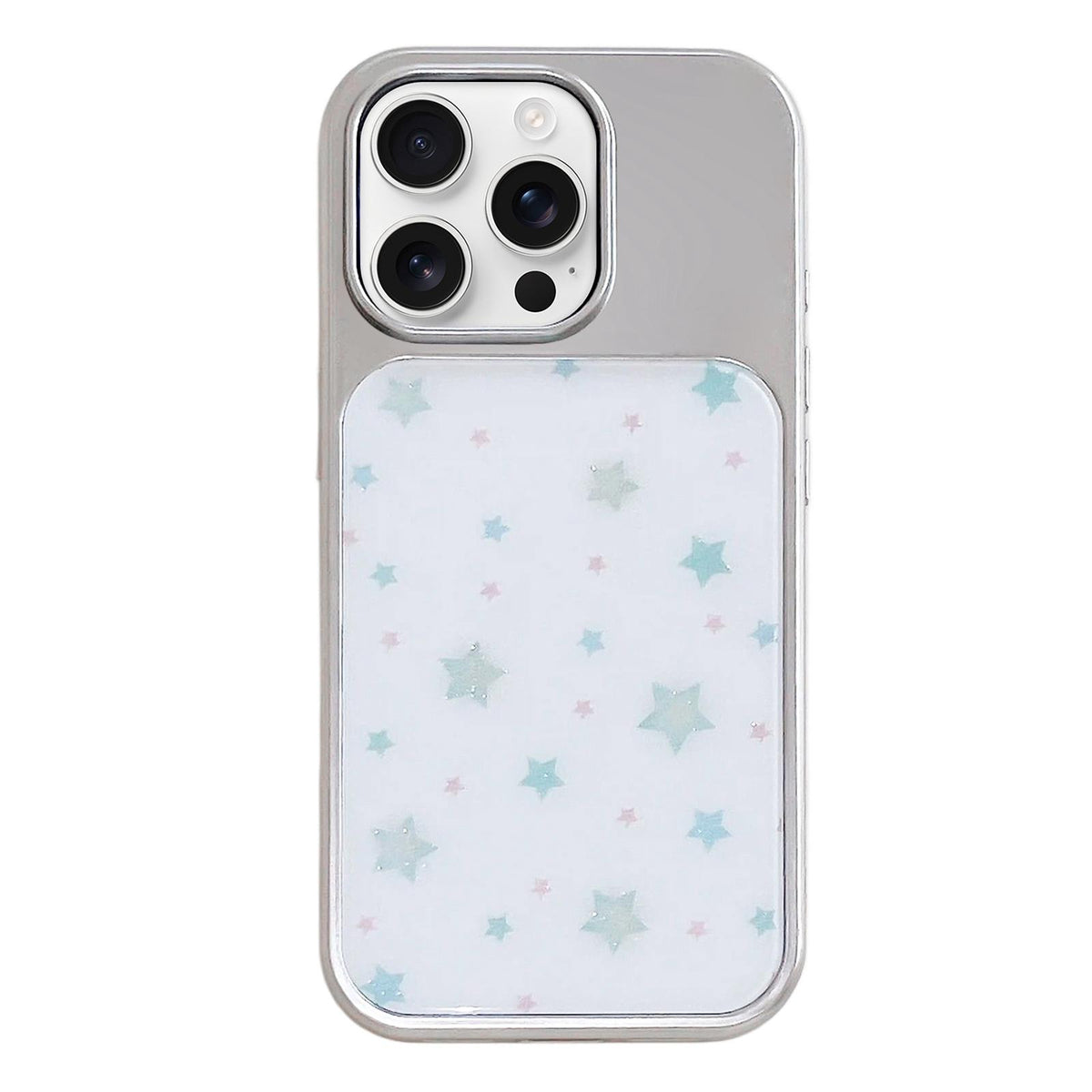For iPhone 16 Pro Electroplated Silver Frame Glitter Embossed Phone Case - Mint Green Star - EDA009745005D