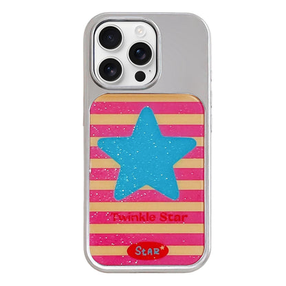 For iPhone 16 Pro Electroplated Silver Frame Glitter Embossed Phone Case - Blue Stars - EDA009745005L