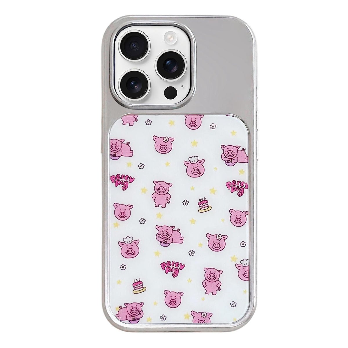 For iPhone 16 Pro Electroplated Silver Frame Glitter Embossed Phone Case - Cute Pig - EDA009745005O