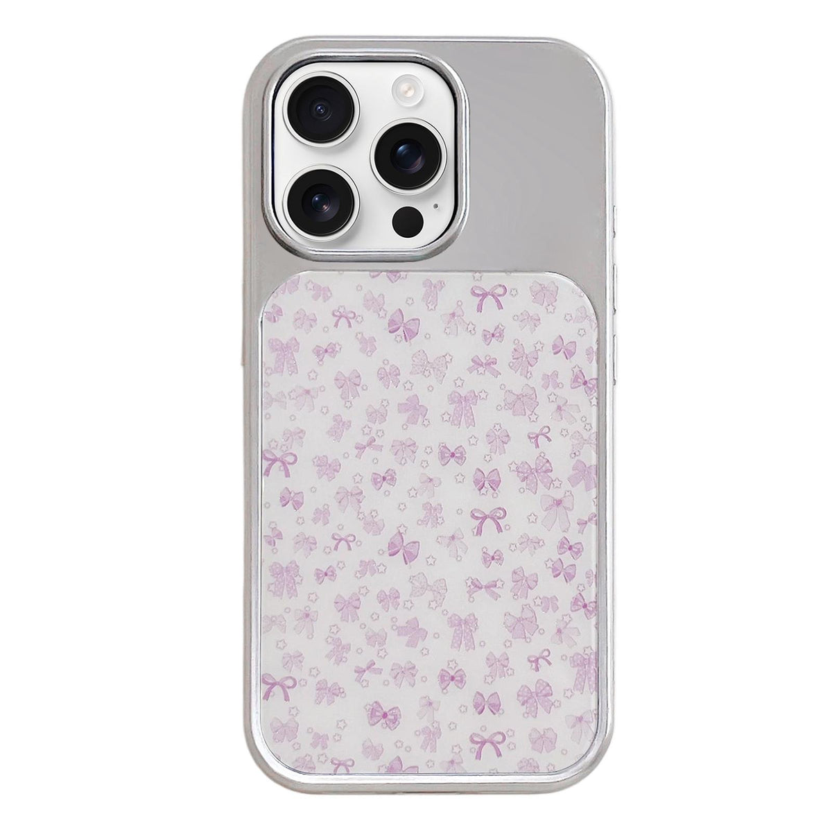 For iPhone 16 Pro Electroplated Silver Frame Glitter Embossed Phone Case - Purple Bow - EDA009745005R