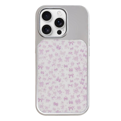 For iPhone 16 Pro Electroplated Silver Frame Glitter Embossed Phone Case - Purple Bow - EDA009745005R