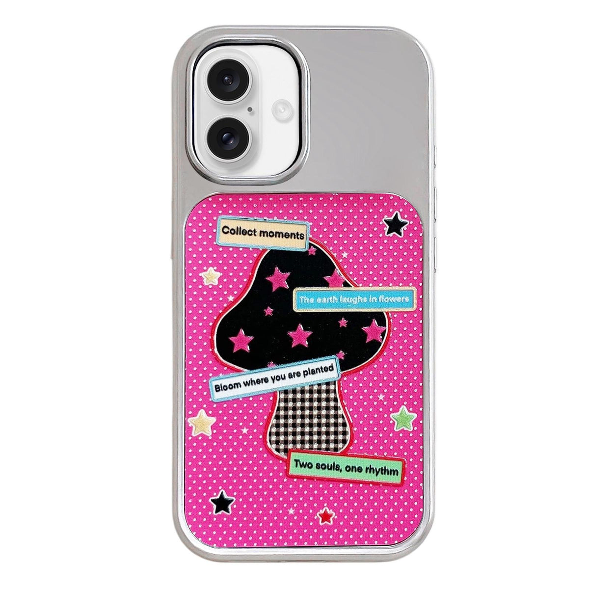 For iPhone 16 Electroplated Silver Frame Glitter Embossed Phone Case - Black Mushroom - EDA009745006B