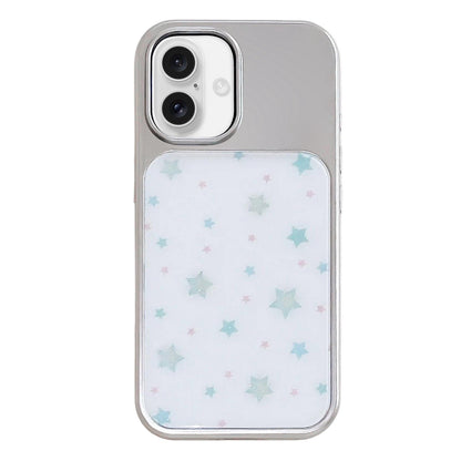 For iPhone 16 Electroplated Silver Frame Glitter Embossed Phone Case - Mint Green Star - EDA009745006D