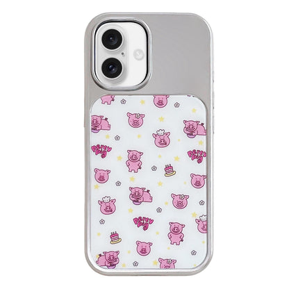 For iPhone 16 Electroplated Silver Frame Glitter Embossed Phone Case - Cute Pig - EDA009745006O