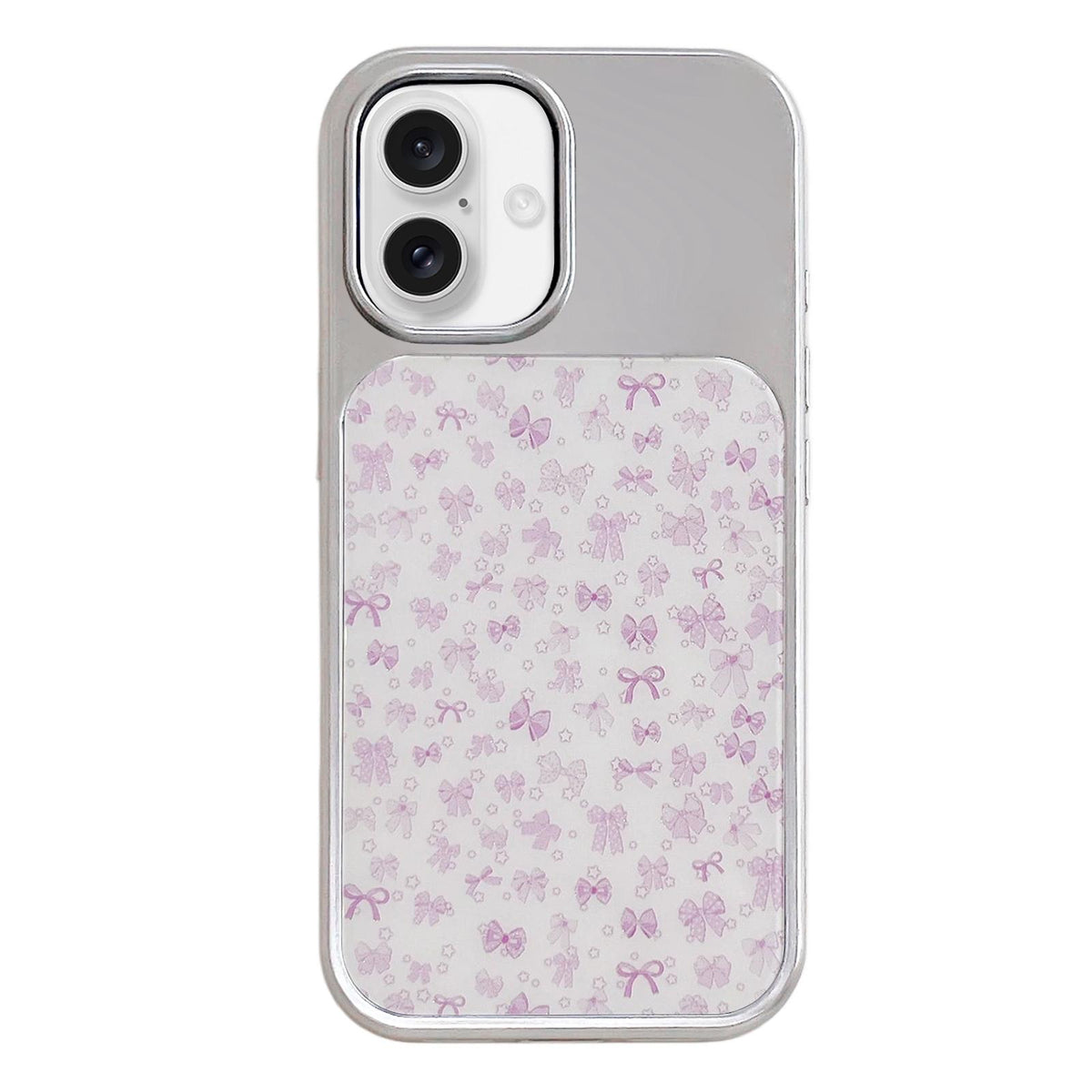For iPhone 16 Electroplated Silver Frame Glitter Embossed Phone Case - Purple Bow - EDA009745006R
