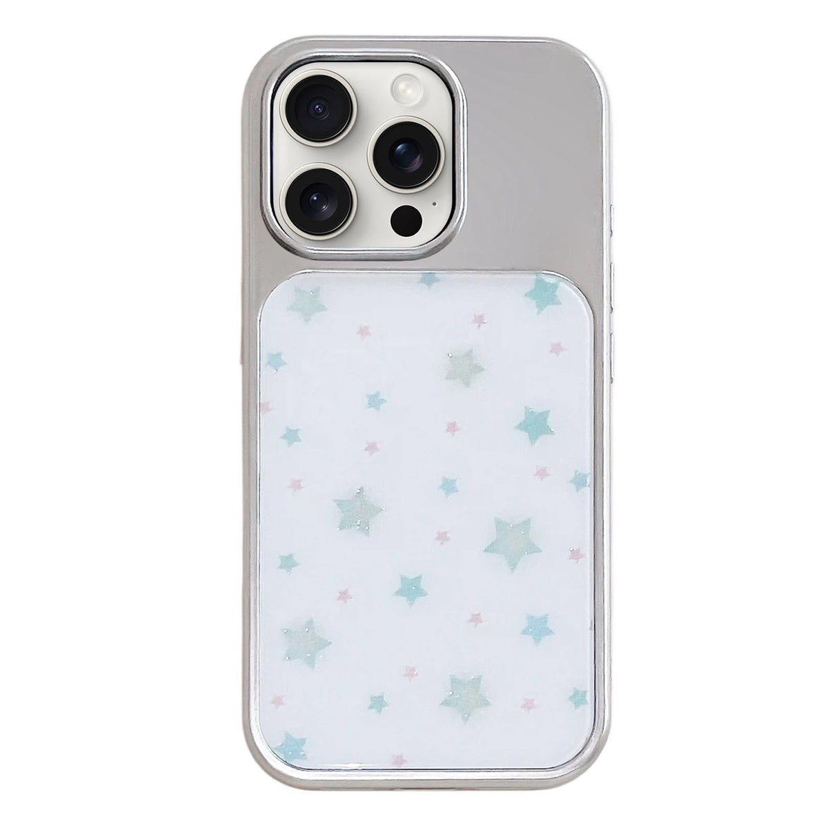 For iPhone 15 Pro Max Electroplated Silver Frame Glitter Embossed Phone Case - Mint Green Star - EDA009745007D