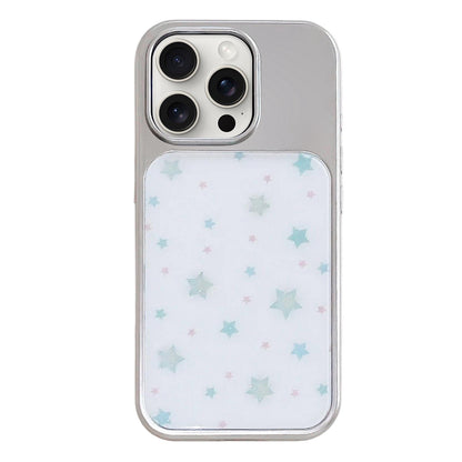 For iPhone 15 Pro Max Electroplated Silver Frame Glitter Embossed Phone Case - Mint Green Star - EDA009745007D