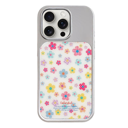For iPhone 15 Pro Max Electroplated Silver Frame Glitter Embossed Phone Case - Colorful Flowers - EDA009745007G